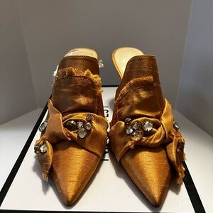 Nine West Gold Satin Macadamia Embellished Mules